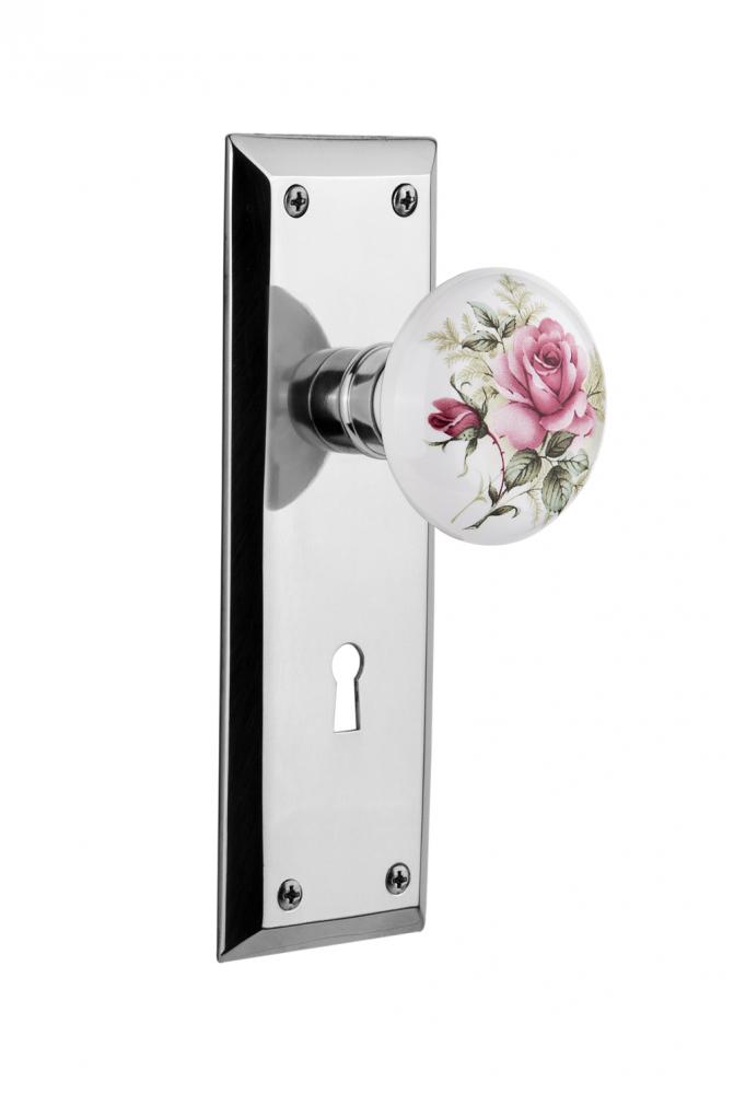 Nostalgic Warehouse New York Plate with Keyhole Passage White Rose Porcelain Door Knob in Bright C