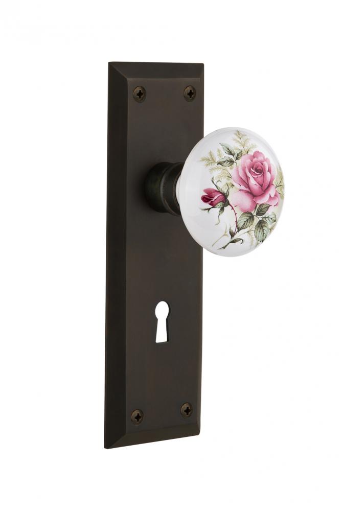 Nostalgic Warehouse New York Plate with Keyhole Passage White Rose Porcelain Door Knob in Oil-Rubb