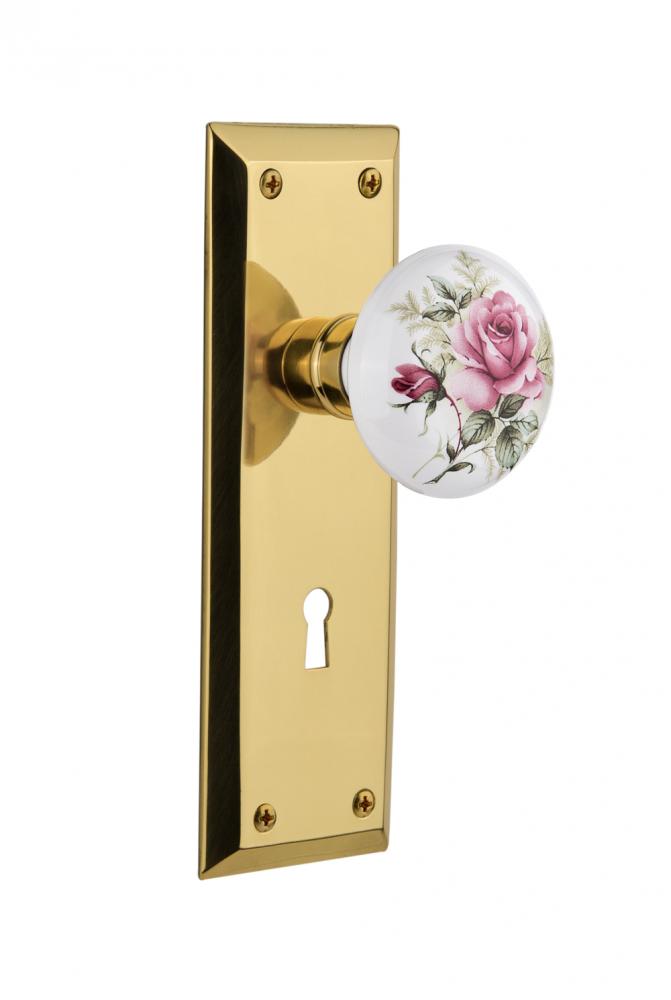 Nostalgic Warehouse New York Plate with Keyhole Passage White Rose Porcelain Door Knob in Polished