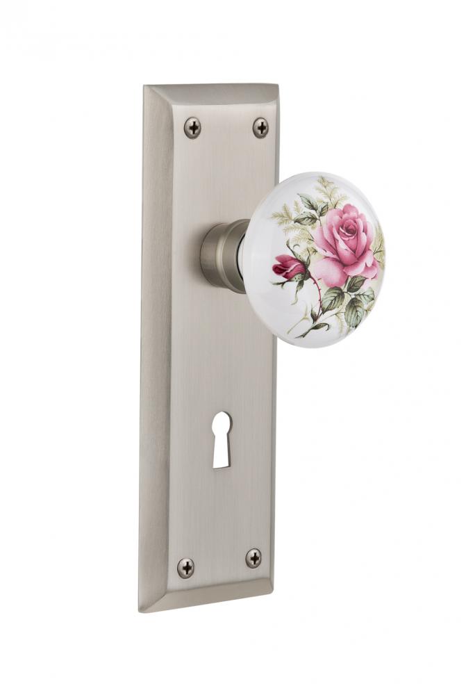 Nostalgic Warehouse New York Plate with Keyhole Single Dummy White Rose Porcelain Door Knob in Sat