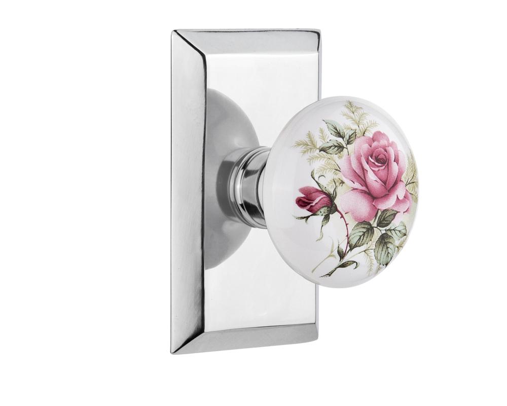 Nostalgic Warehouse Studio Plate Privacy White Rose Porcelain Door Knob in Bright Chrome