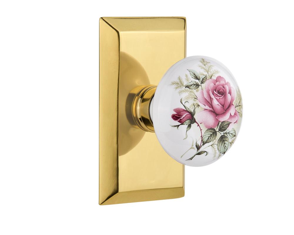 Nostalgic Warehouse Studio Plate Privacy White Rose Porcelain Door Knob in Polished Brass