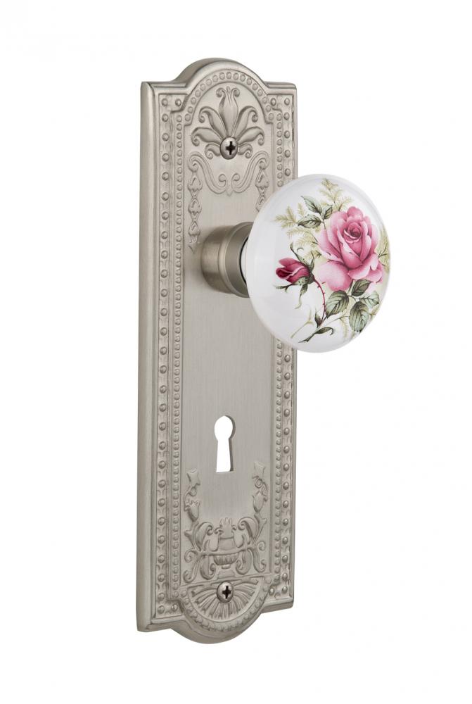 Nostalgic Warehouse Meadows Plate with Keyhole Privacy White Rose Porcelain Door Knob in Satin Nic
