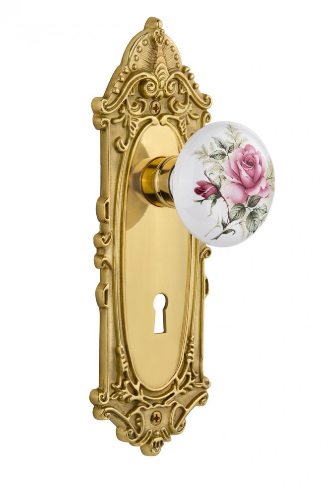 Nostalgic Warehouse Victorian Plate with Keyhole Privacy White Rose Porcelain Door Knob in Polishe
