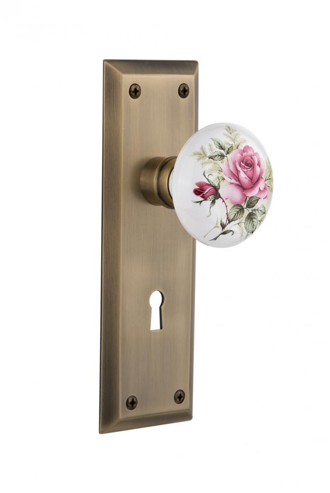 Nostalgic Warehouse New York Plate Interior Mortise White Rose Porcelain Door Knob in Antique Bras