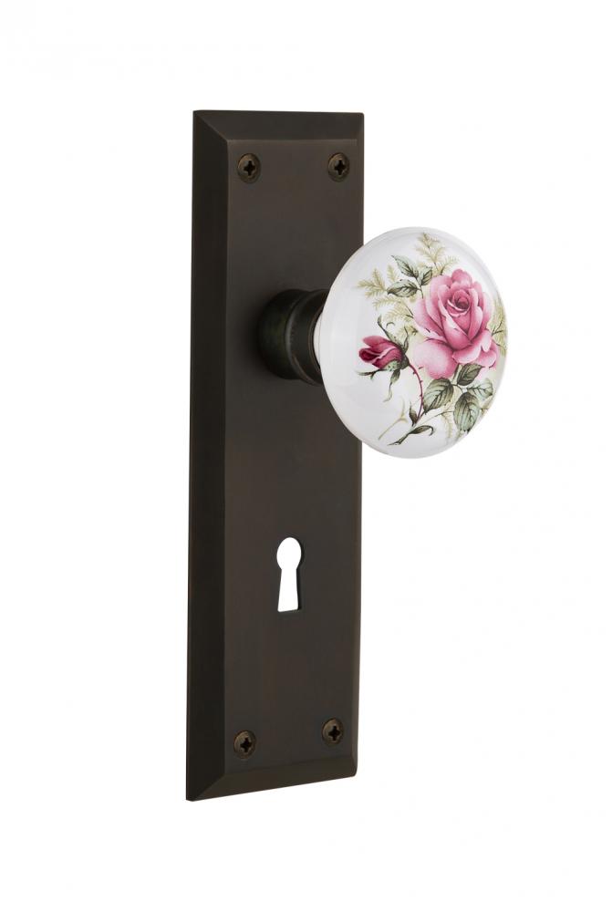 Nostalgic Warehouse New York Plate Interior Mortise White Rose Porcelain Door Knob in Oil-Rubbed B