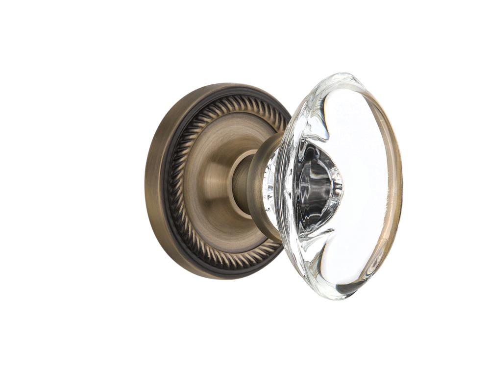 Nostalgic Warehouse Rope Rosette Passage Oval Clear Crystal Glass Door Knob in Antique Brass