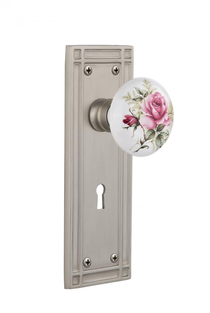 Nostalgic Warehouse Mission Plate with Keyhole Passage White Rose Porcelain Door Knob in Satin Nic