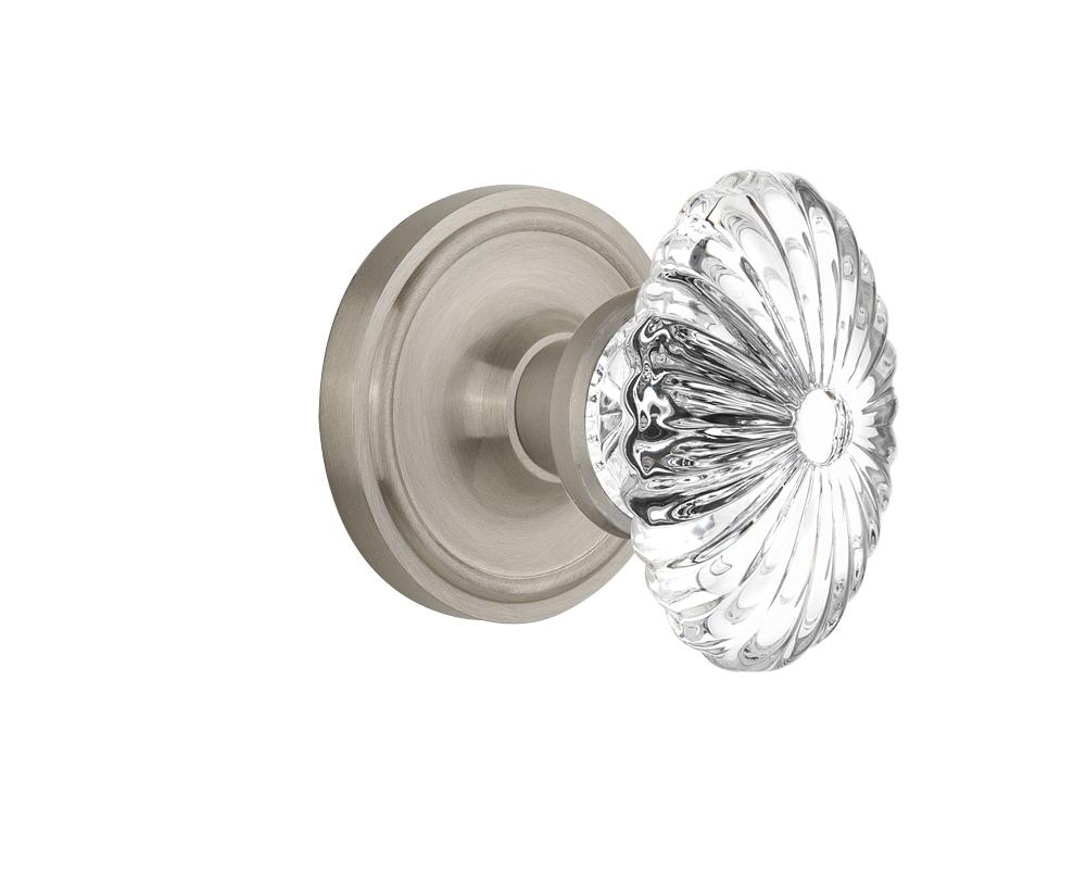 Nostalgic Warehouse Classic Rosette Passage Oval Fluted Crystal Glass Door Knob in Satin Nickel