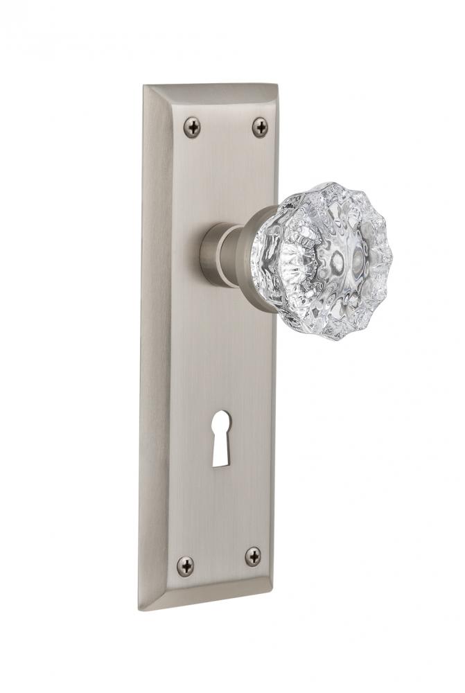 Nostalgic Warehouse New York Plate with Keyhole Passage Crystal Glass Door Knob in Satin Nickel