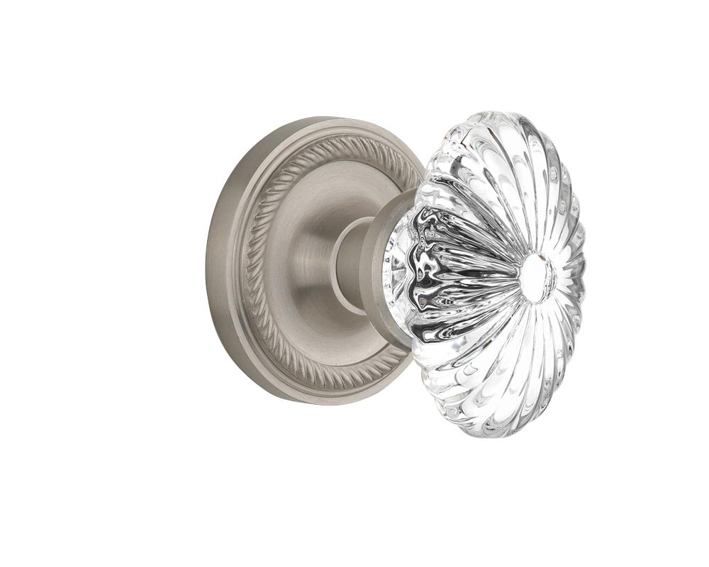 Nostalgic Warehouse Rope Rosette Single Dummy Oval Fluted Crystal Glass Door Knob in Satin Nickel