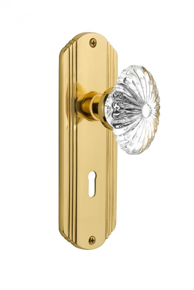 Nostalgic Warehouse Deco Plate Interior Mortise Oval Fluted Crystal Glass Door Knob in Polished Br
