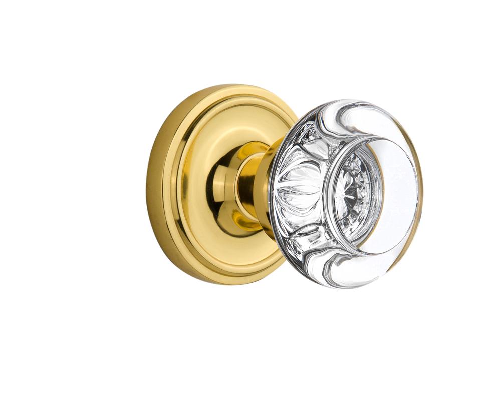 Nostalgic Warehouse Classic Rosette Passage Round Clear Crystal Glass Door Knob in Polished Brass