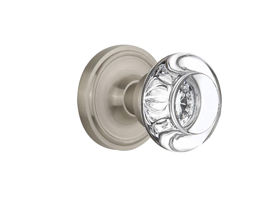 Nostalgic Warehouse Classic Rosette Passage Round Clear Crystal Glass Door Knob in Satin Nickel