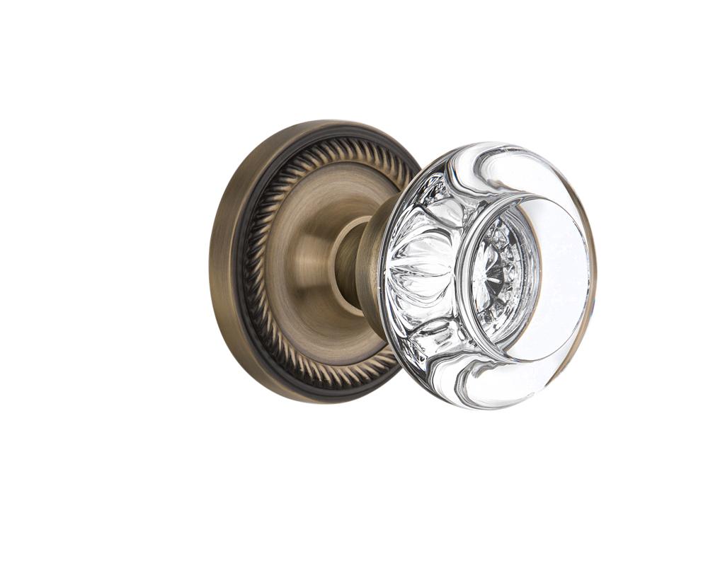 Nostalgic Warehouse Rope Rosette Passage Round Clear Crystal Glass Door Knob in Antique Brass