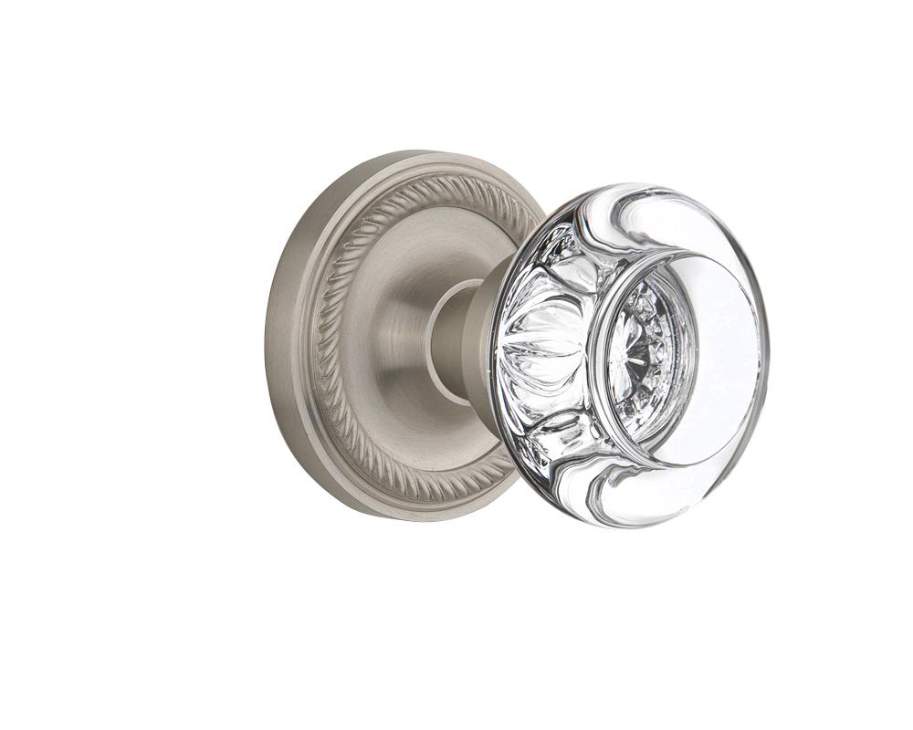 Nostalgic Warehouse Rope Rosette Passage Round Clear Crystal Glass Door Knob in Satin Nickel