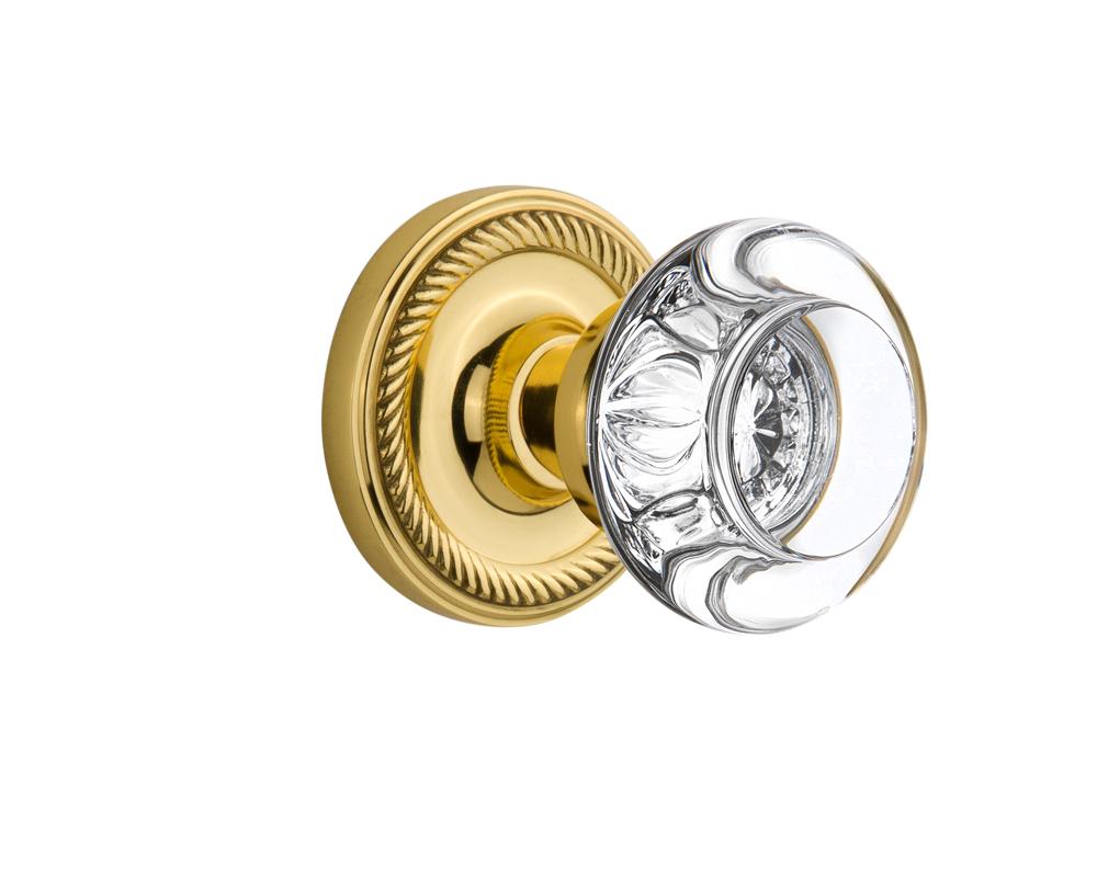 Nostalgic Warehouse Rope Rosette Single Dummy Round Clear Crystal Glass Door Knob in Polished Bras