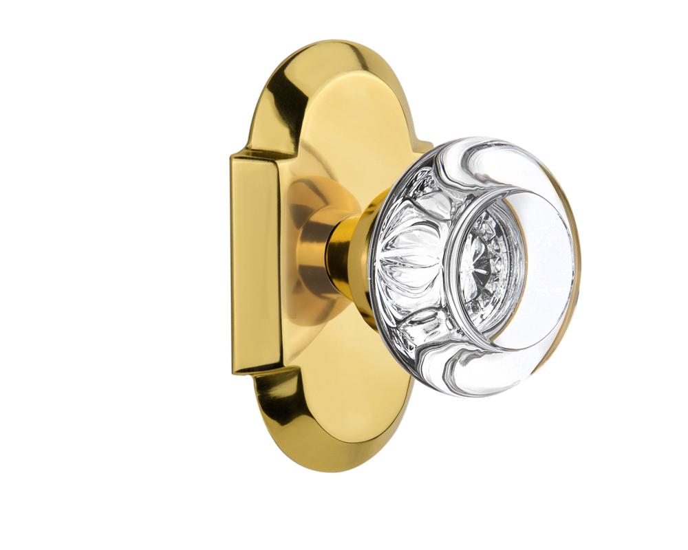 Nostalgic Warehouse Cottage Plate Passage Round Clear Crystal Glass Door Knob in Polished Brass