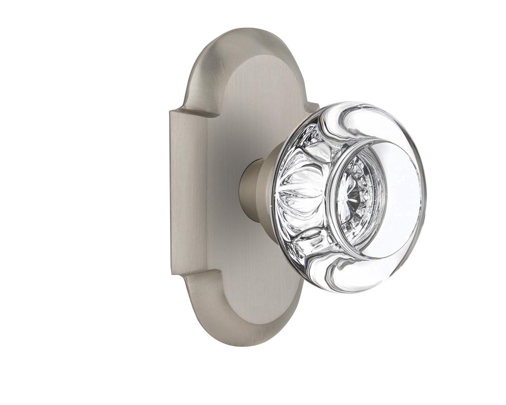 Nostalgic Warehouse Cottage Plate Passage Round Clear Crystal Glass Door Knob in Satin Nickel