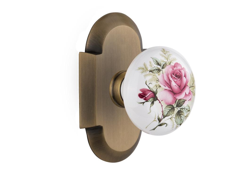 Nostalgic Warehouse Cottage Plate Passage White Rose Porcelain Door Knob in Antique Brass