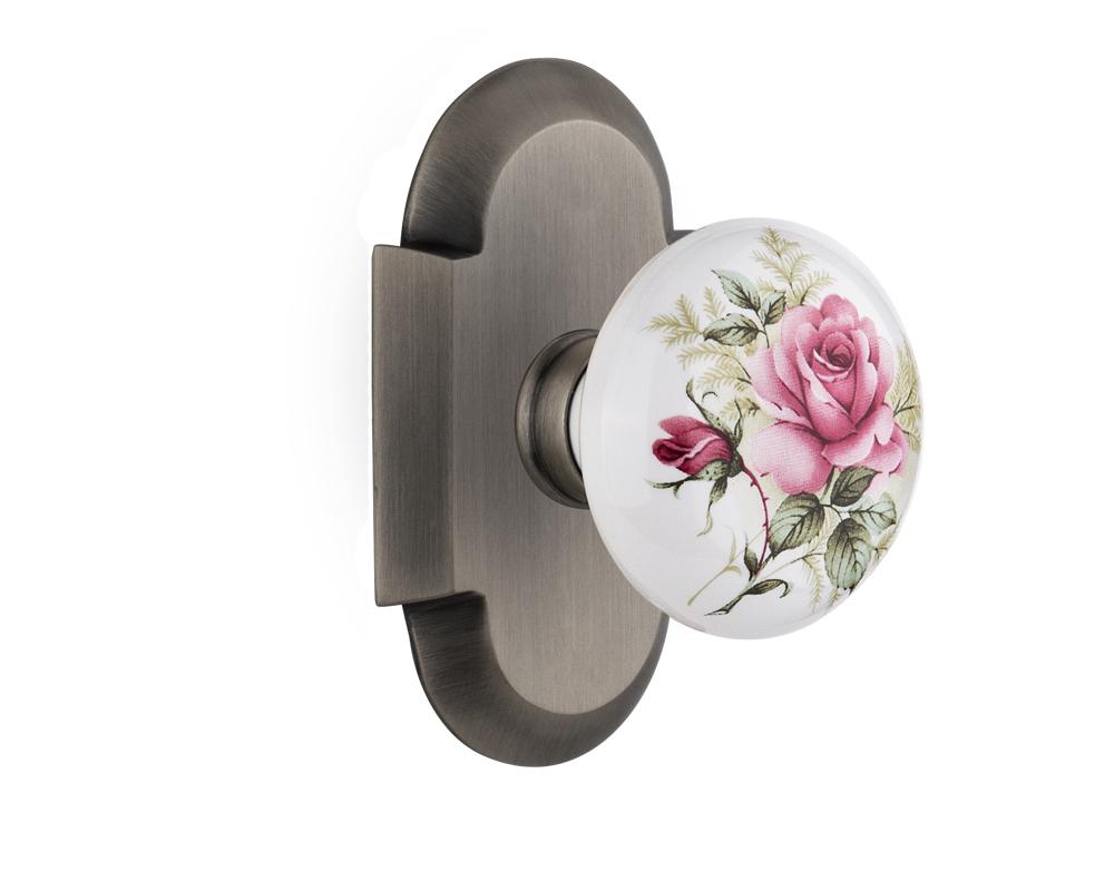 Nostalgic Warehouse Cottage Plate Passage White Rose Porcelain Door Knob in Antique Pewter