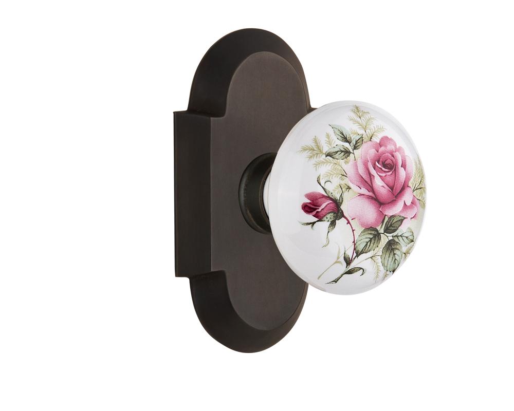 Nostalgic Warehouse Cottage Plate Passage White Rose Porcelain Door Knob in Oil-Rubbed Bronze