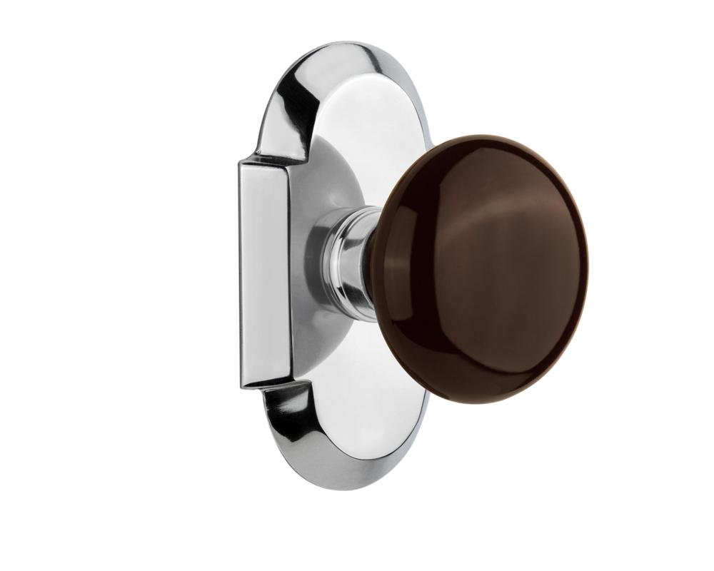 Nostalgic Warehouse Cottage Plate Passage Brown Porcelain Door Knob in Bright Chrome