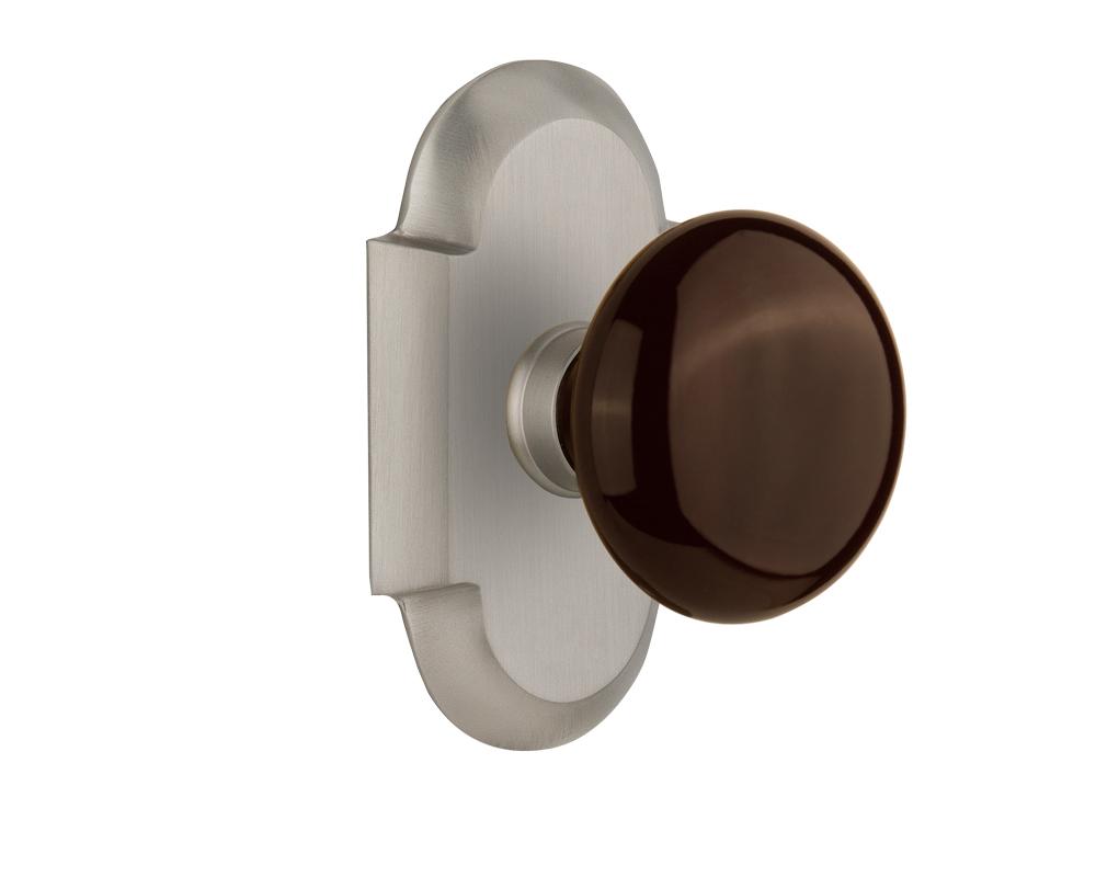 Nostalgic Warehouse Cottage Plate Passage Brown Porcelain Door Knob in Satin Nickel