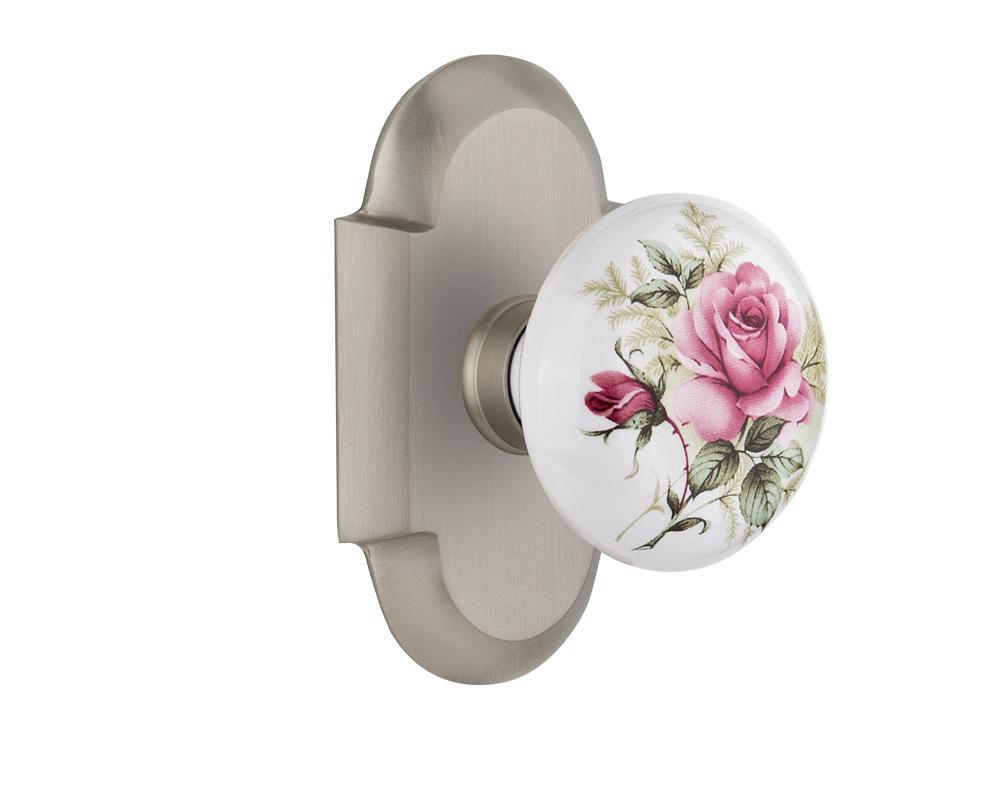 Nostalgic Warehouse Cottage Plate Privacy White Rose Porcelain Door Knob in Satin Nickel