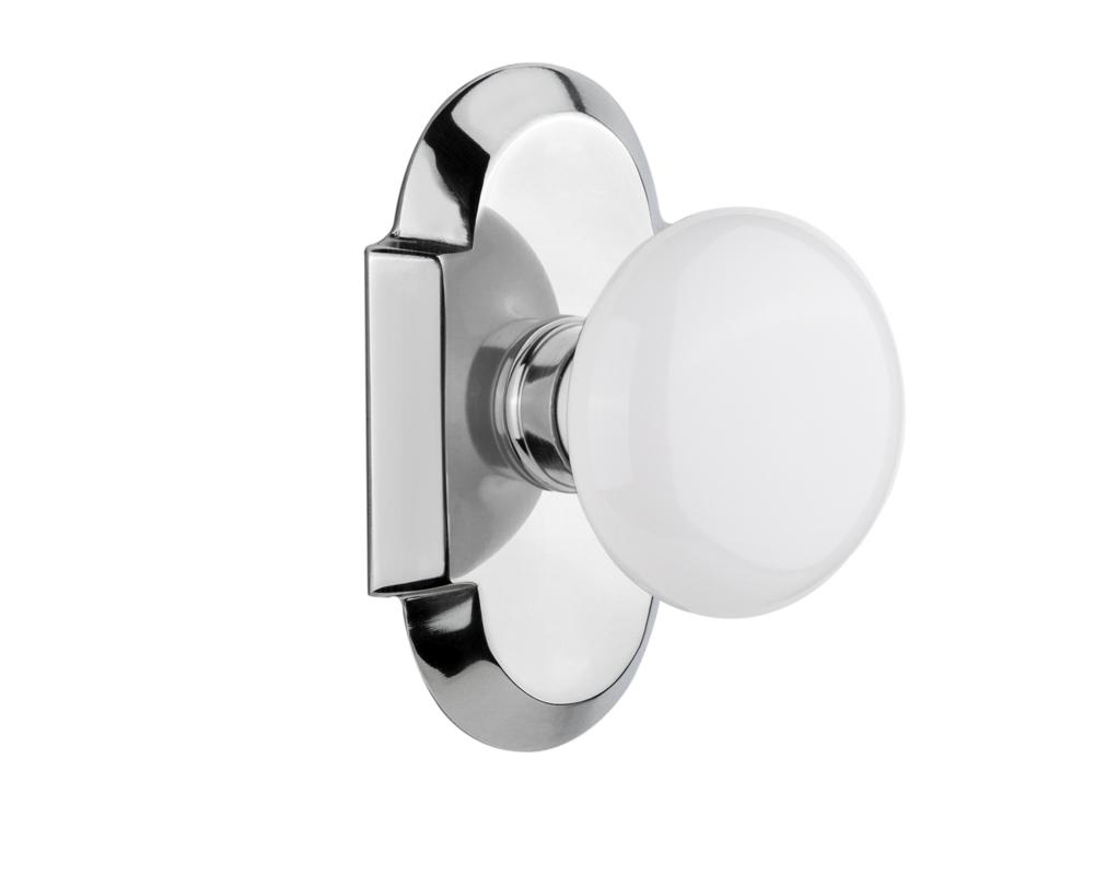 Nostalgic Warehouse Cottage Plate Privacy White Porcelain Door Knob in Bright Chrome