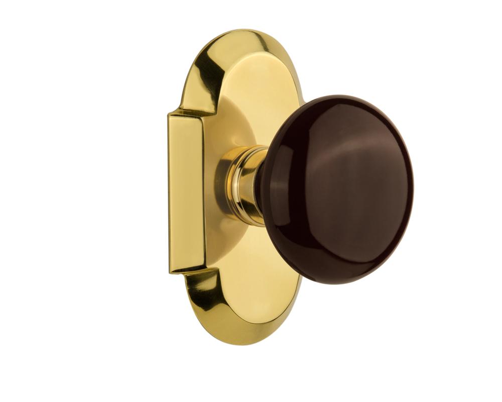 Nostalgic Warehouse Cottage Plate Double Dummy Brown Porcelain Door Knob in Polished Brass