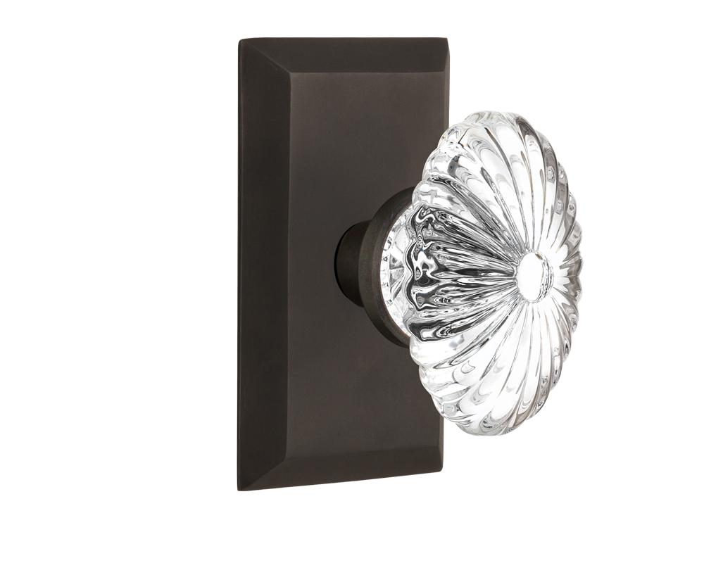 Nostalgic Warehouse Studio Plate Passage Oval Fluted Crystal Glass Door Knob in Oil-Rubbed Bronze