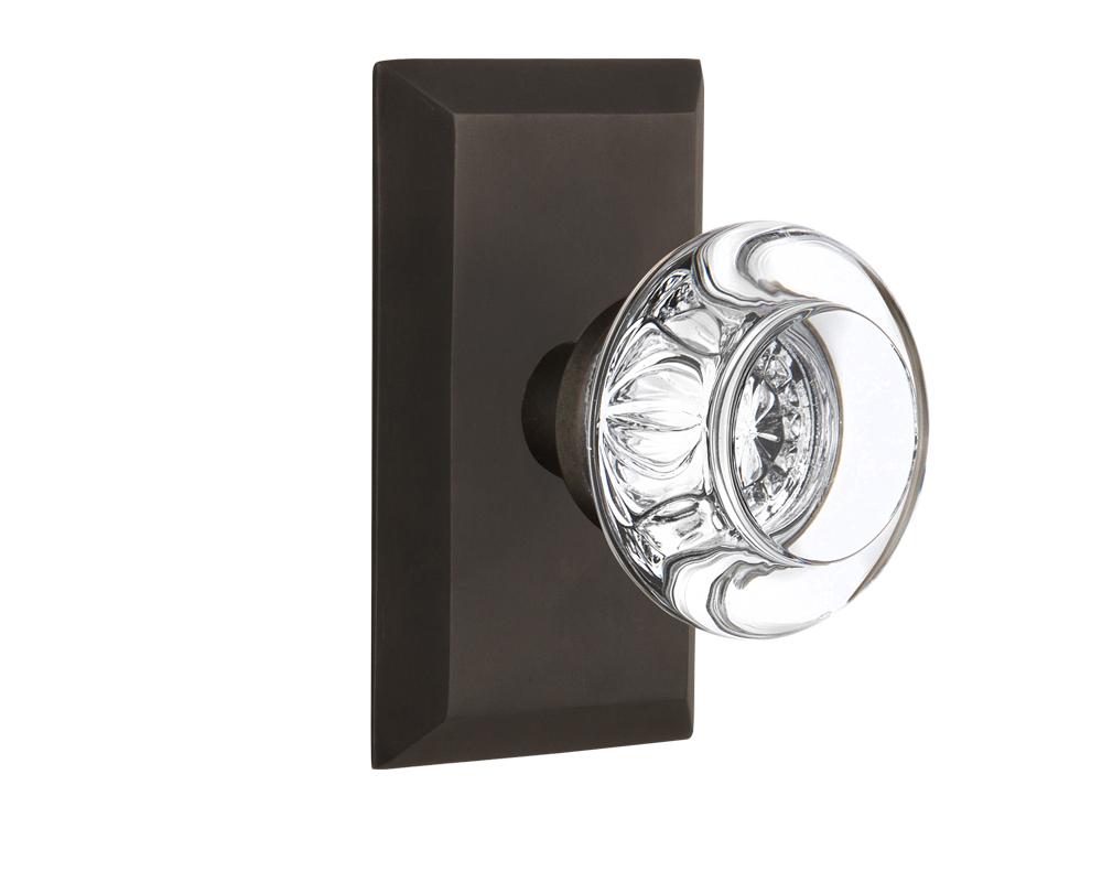 Nostalgic Warehouse Studio Plate Passage Round Clear Crystal Glass Door Knob in Oil-Rubbed Bronze