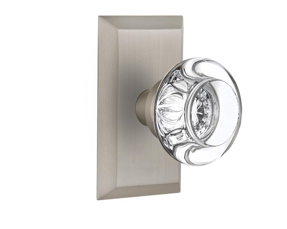 Nostalgic Warehouse Studio Plate Passage Round Clear Crystal Glass Door Knob in Satin Nickel