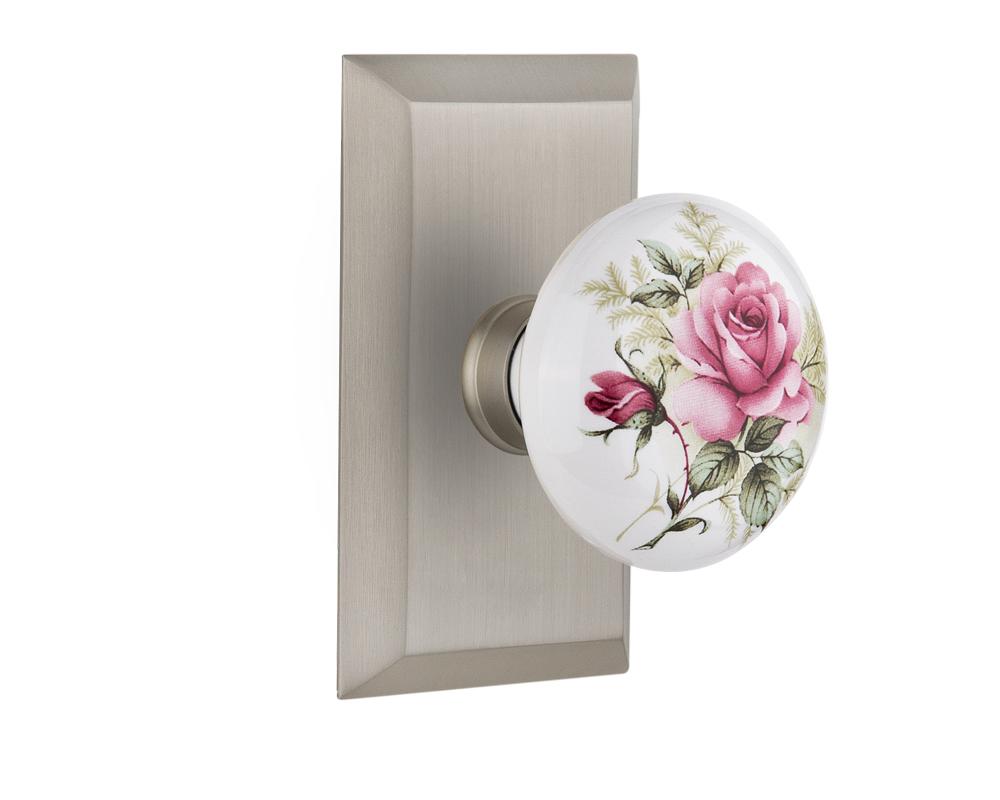 Nostalgic Warehouse Studio Plate Passage White Rose Porcelain Door Knob in Satin Nickel