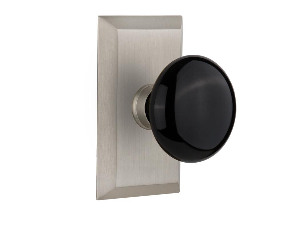 Nostalgic Warehouse Studio Plate Passage Black Porcelain Door Knob in Satin Nickel