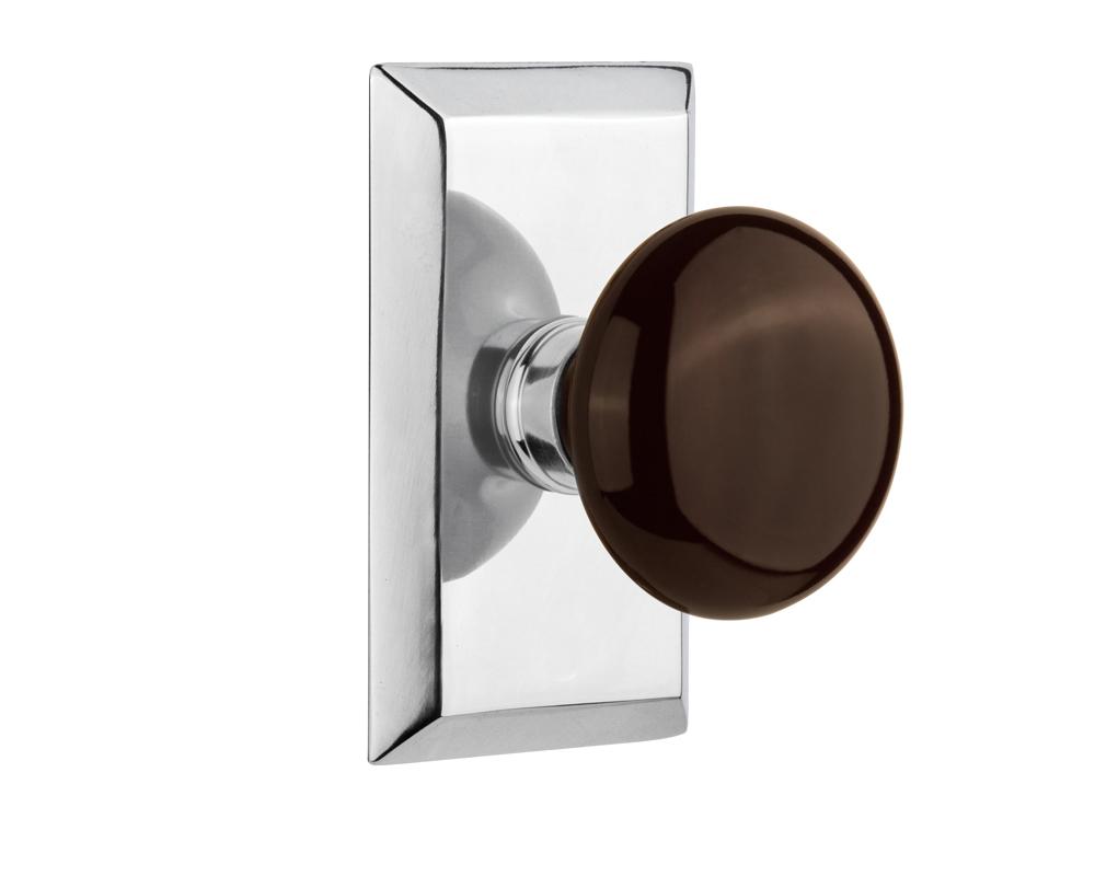 Nostalgic Warehouse Studio Plate Passage Brown Porcelain Door Knob in Bright Chrome