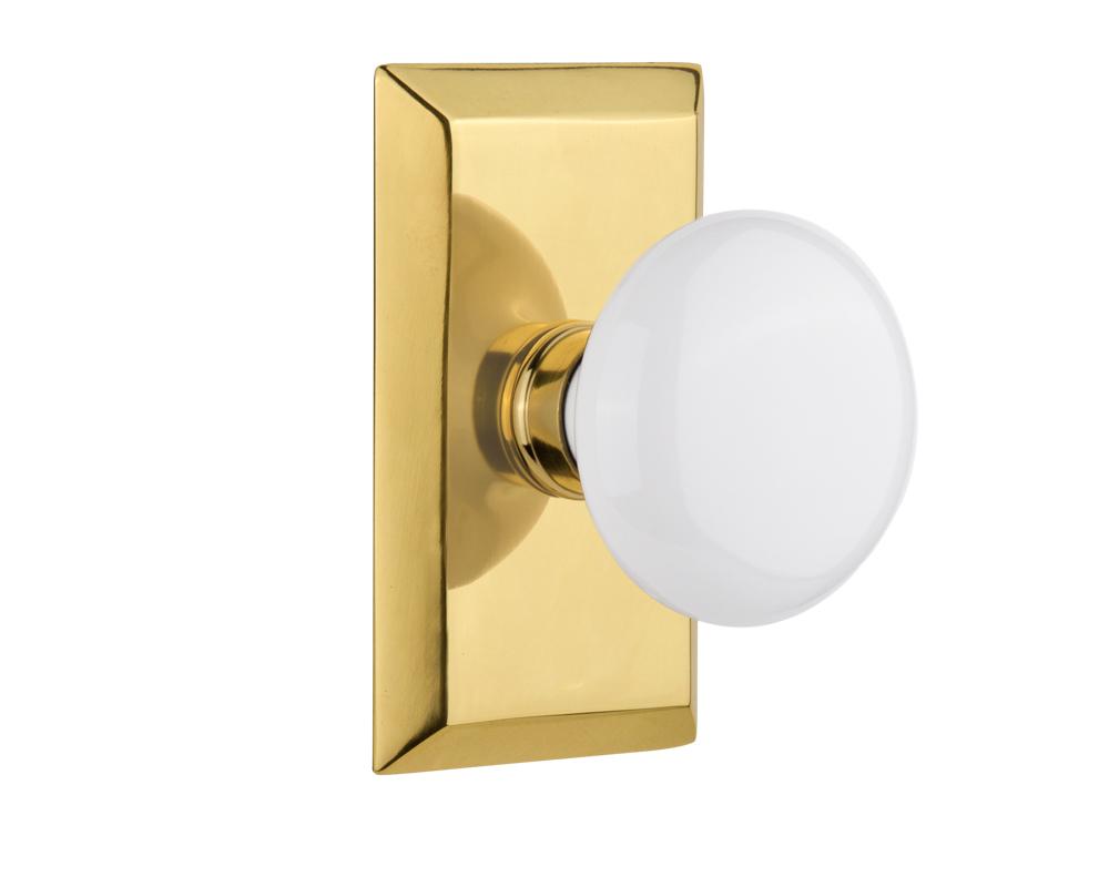 Nostalgic Warehouse Studio Plate Passage White Porcelain Door Knob in Polished Brass