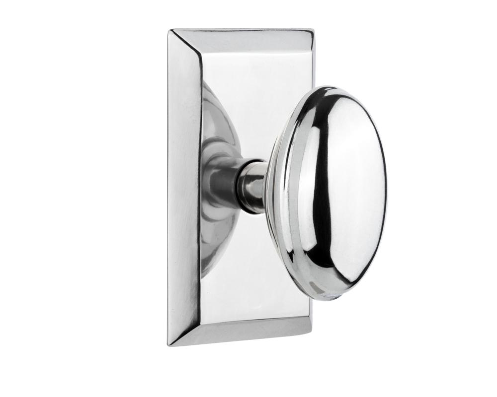 Nostalgic Warehouse Studio Plate Privacy Homestead Door Knob in Bright Chrome