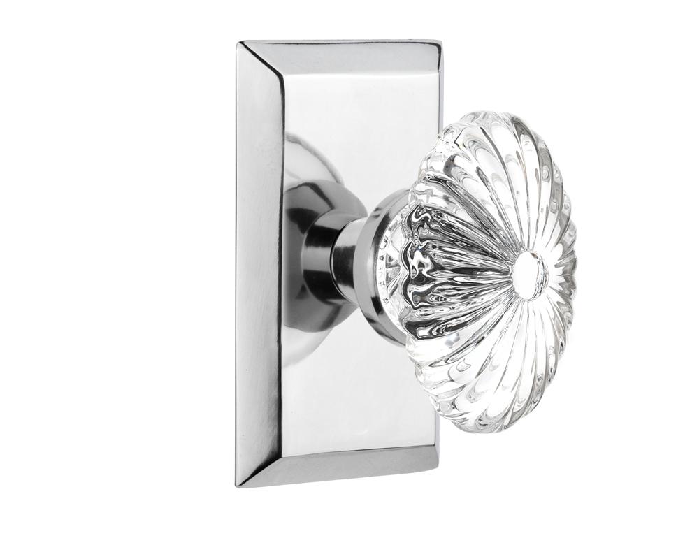 Nostalgic Warehouse Studio Plate Privacy Oval Fluted Crystal Glass Door Knob in Bright Chrome