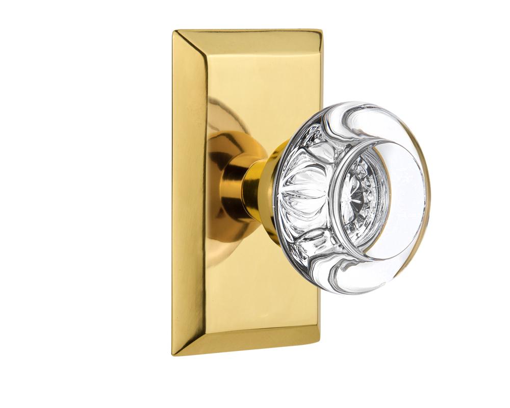 Nostalgic Warehouse Studio Plate Privacy Round Clear Crystal Glass Door Knob in Polished Brass