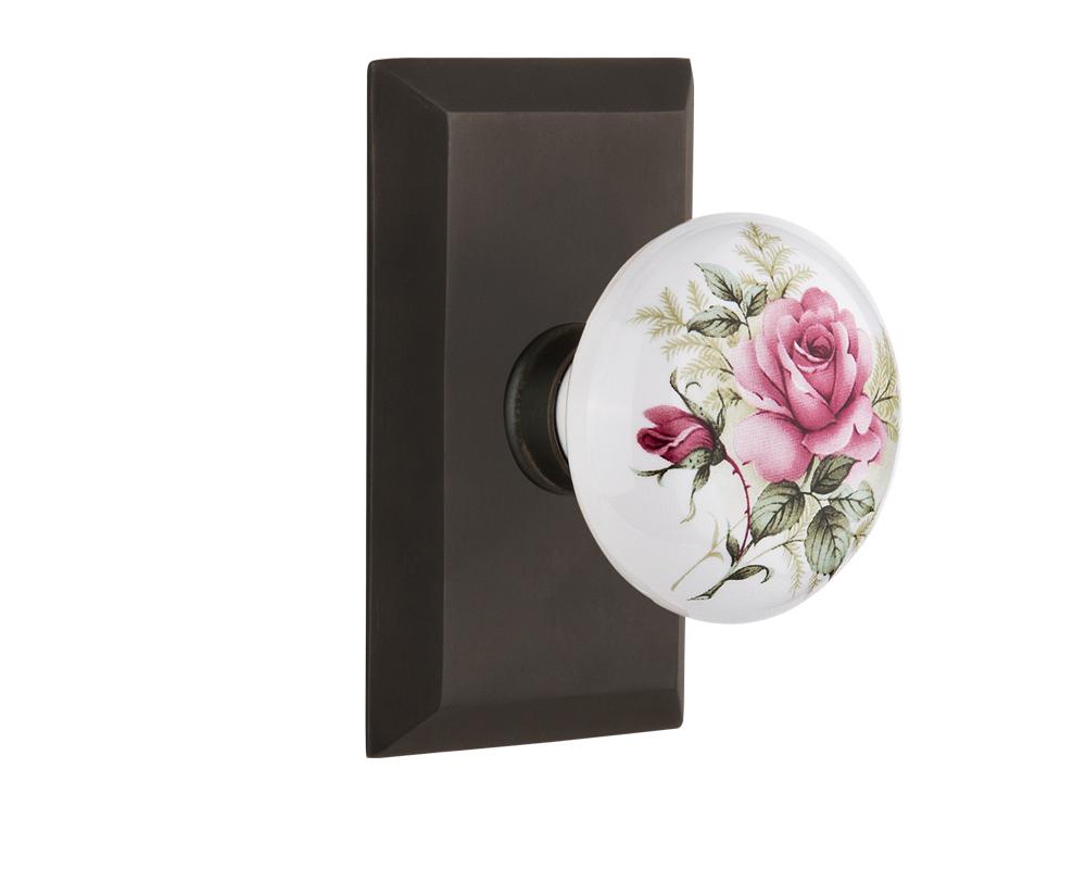 Nostalgic Warehouse Studio Plate Privacy White Rose Porcelain Door Knob in Oil-Rubbed Bronze