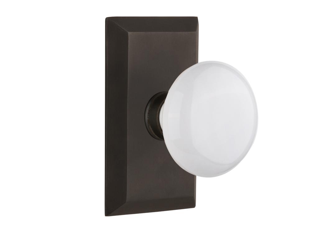 Nostalgic Warehouse Studio Plate Privacy White Porcelain Door Knob in Oil-Rubbed Bronze