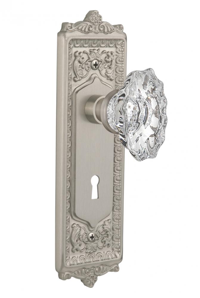 Nostalgic Warehouse Egg & Dart Plate with Keyhole Privacy Chateau Door Knob in Satin Nickel