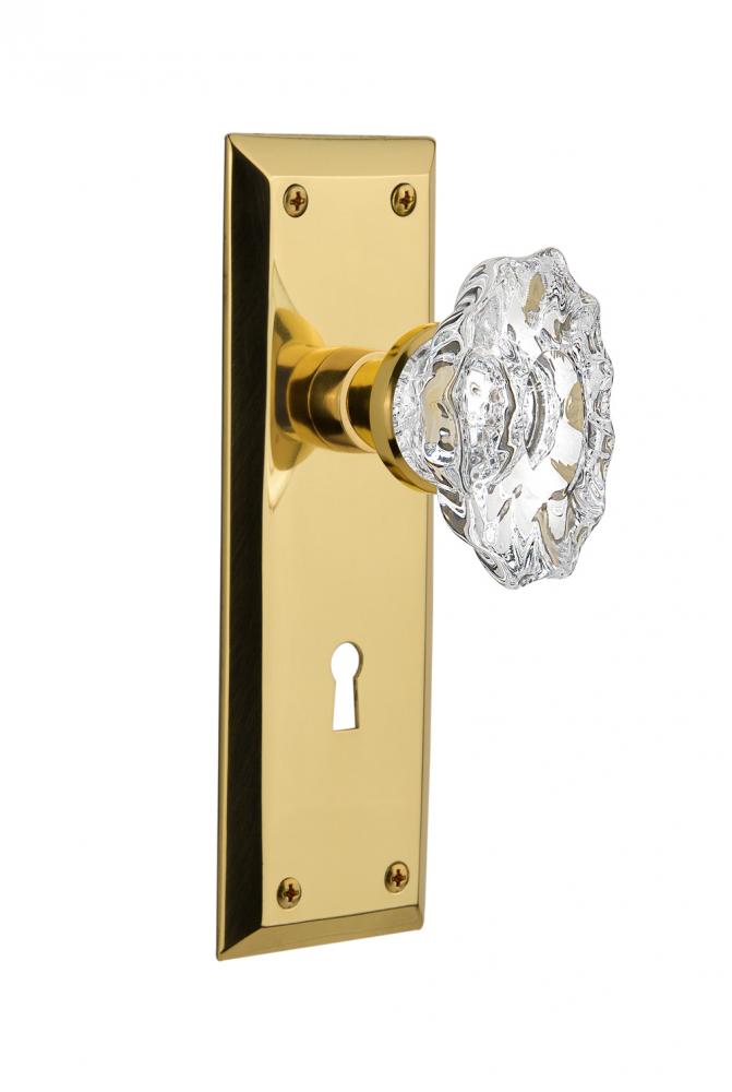 Nostalgic Warehouse New York Plate with Keyhole Privacy Chateau Door Knob in Polished Brass