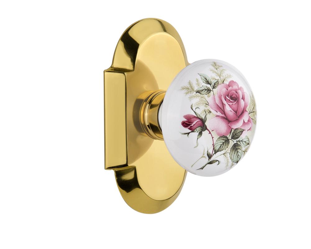 Nostalgic Warehouse Cottage Plate Privacy White Rose Porcelain Door Knob in Polished Brass