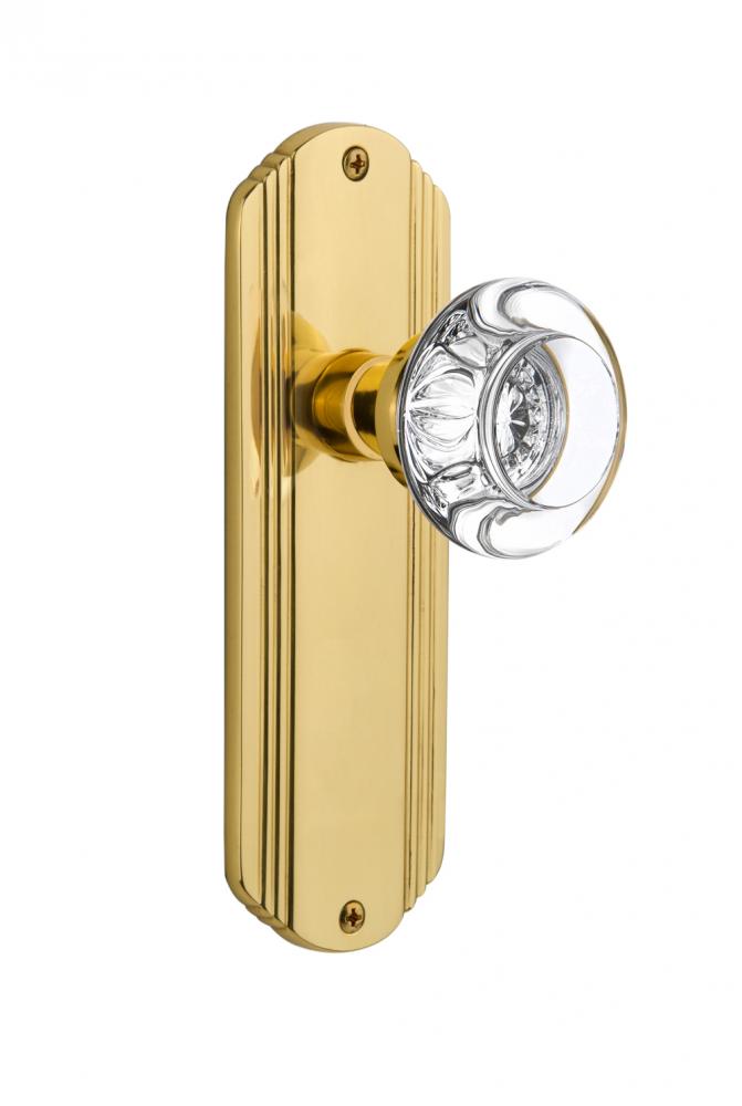 Nostalgic Warehouse Deco Plate Privacy Round Clear Crystal Glass Door Knob in Unlacquered Brass