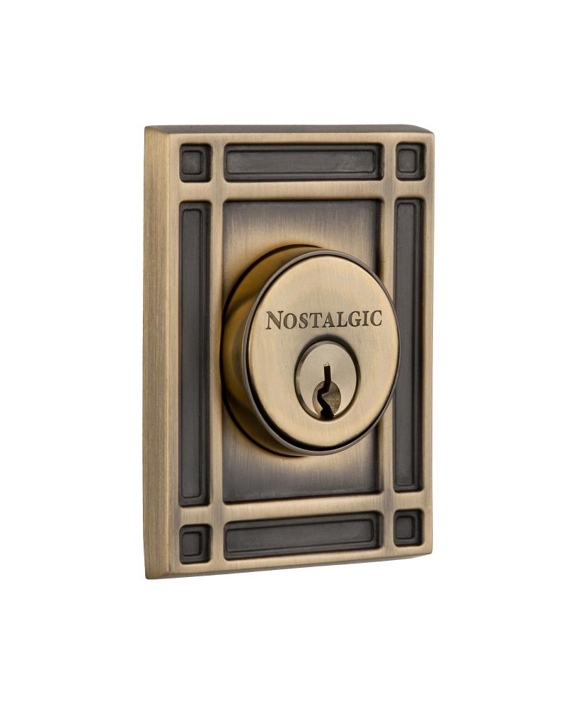 Nostalgic Warehouse Mission Plate Double Cylinder Deadbolt in Antique Brass