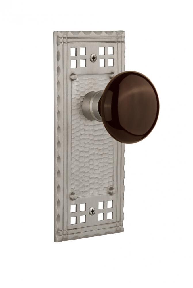 Nostalgic Warehouse Craftsman Plate Single Dummy Brown Porcelain Door Knob in Satin Nickel