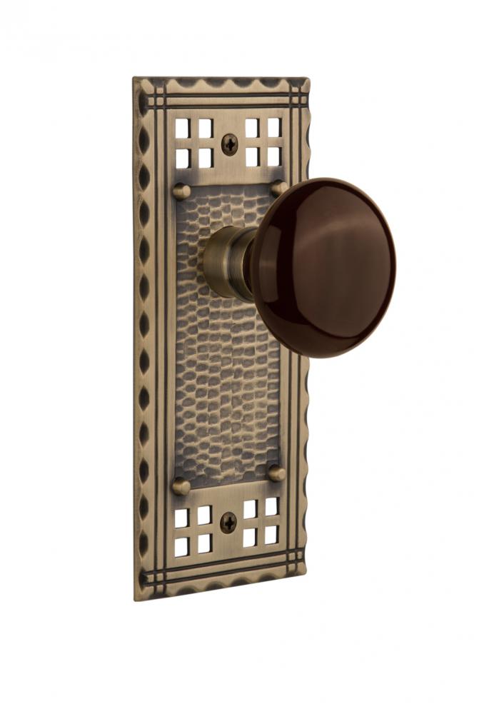 Nostalgic Warehouse Craftsman Plate Privacy Brown Porcelain Door Knob in Antique Brass